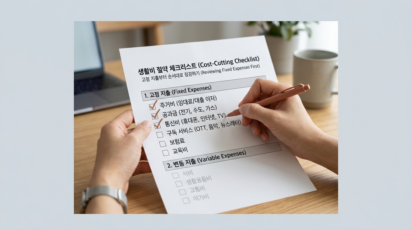고정 지출 항목을 먼저 점검하며 표시한 생활비 점검 체크리스트
