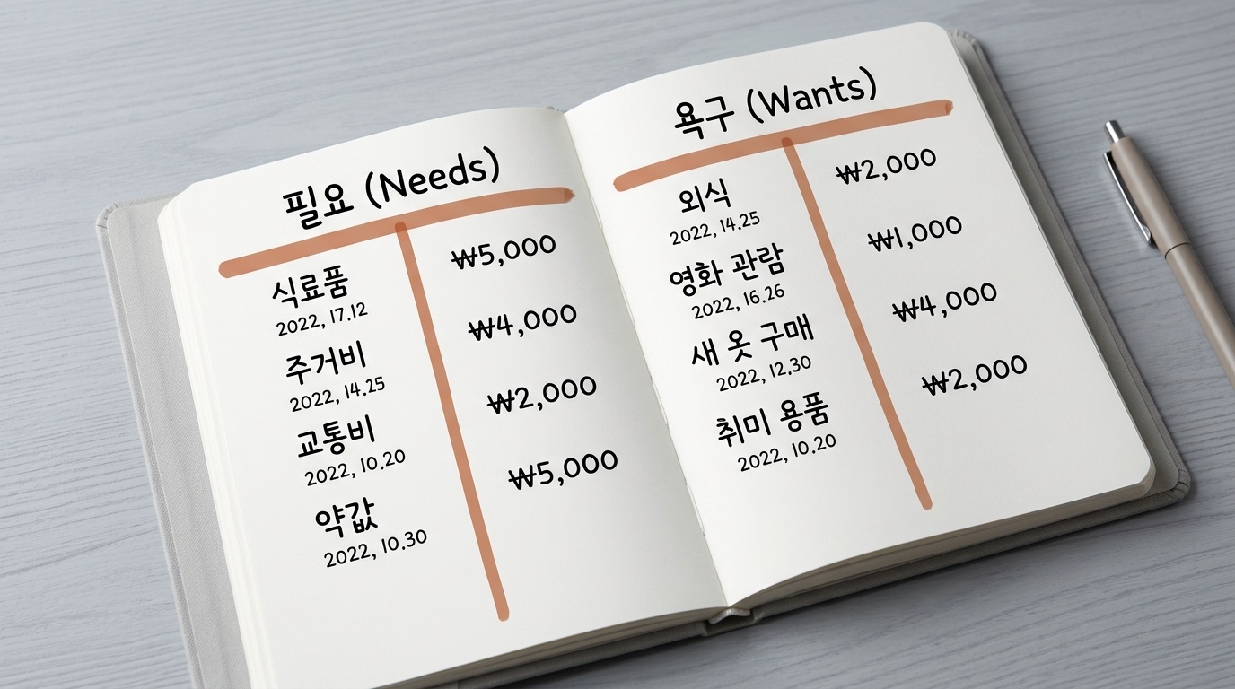 필요한 지출과 원해서 한 지출을 두 갈래로 나누어 적은 소비 기록
