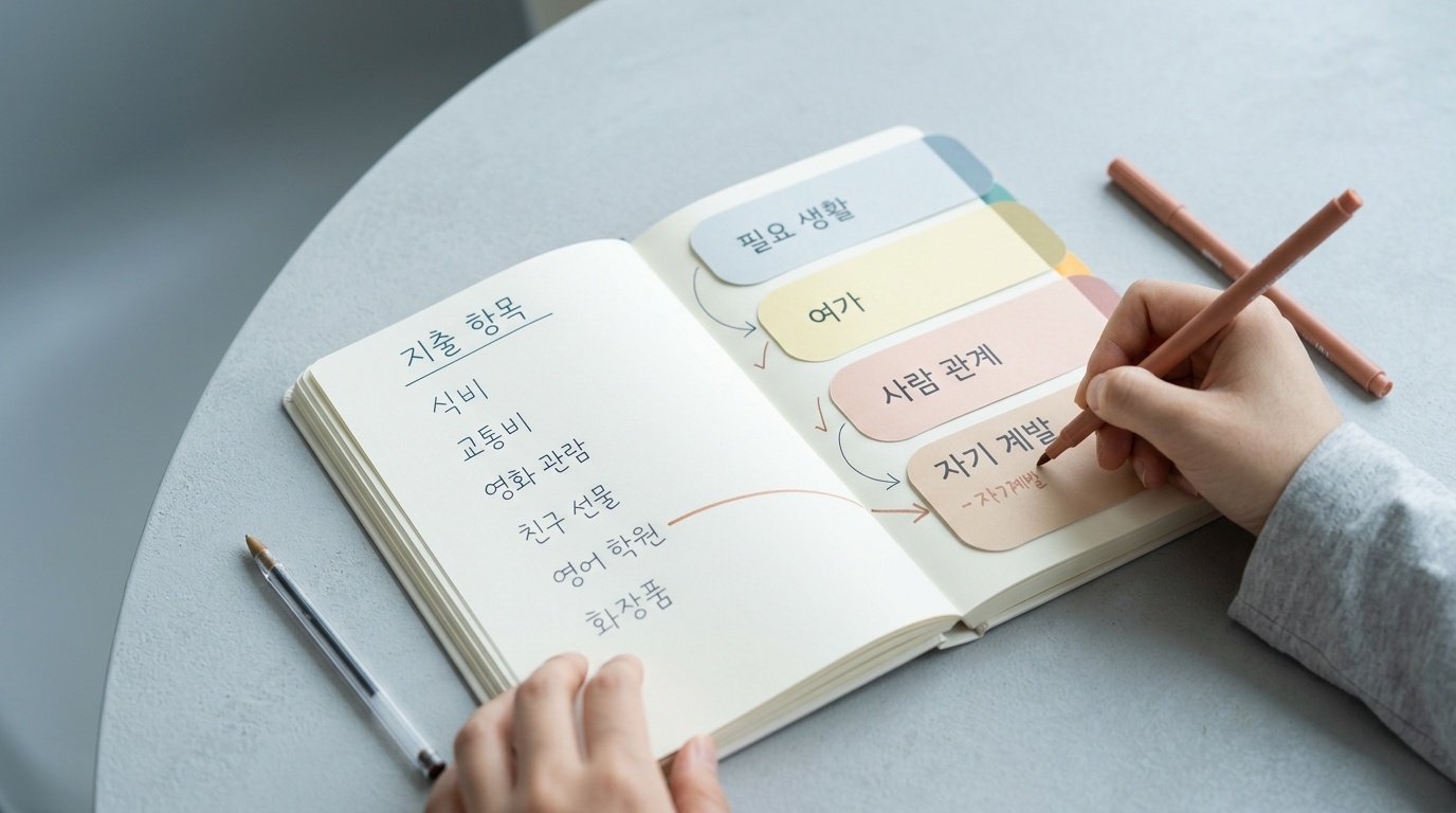 지출 항목을 필요와 여가 등으로 나누어 분류 연습을 하는 노트