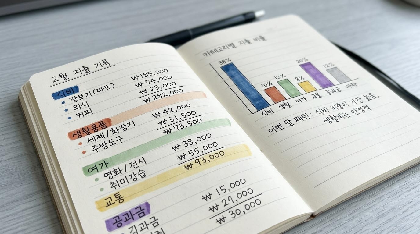 한 달치 지출을 항목별로 색으로 구분해 정리한 소비 기록 노트